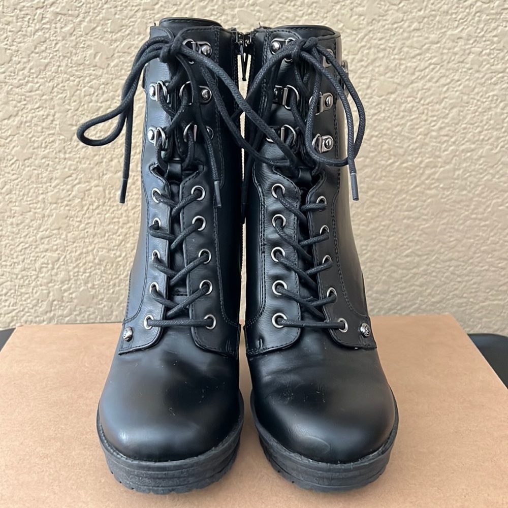 G By Guess Black Leather Combat Ankle Boots. - Picture 2 of 10
